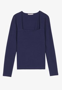 Navy long-sleeve top featuring a square neckline, made from soft fabric with a smooth texture. Classic, fitted silhouette with a clean hem.