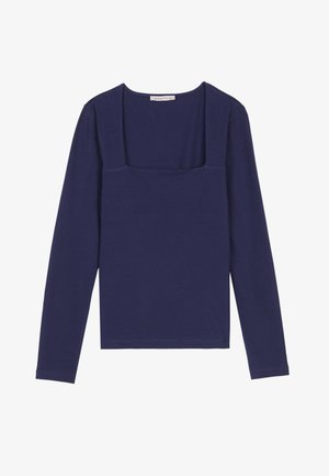Mörkblå långärmad topp med fyrkantig halsringning, tillverkad av mjukt tyg med en jämn yta. Klassiker, figurnära siluett med en ren fåll.