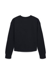 Felpa nera a maniche lunghe con colletto girocollo, dotata di polsini e orlo a coste, mostrata da dietro su uno sfondo bianco.