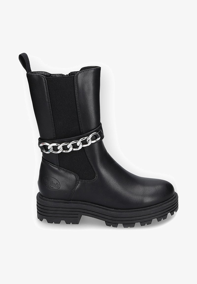 Black mid-calf boot with chunky sole, elastic side panels, pull tab at back, and silver chain detail around the ankle.