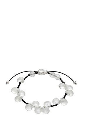 Bracelet with transparent round beads on black adjustable cord and a silver clasp engraved with "PURELEI" on a white background.