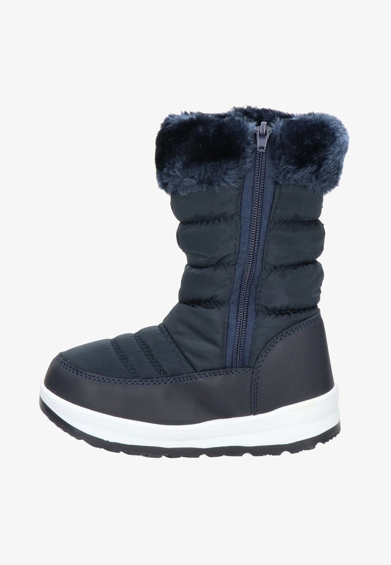 Botte d'hiver bleu marine avec bordure en fausse fourrure, fermeture éclair, corps rembourré, semelle en caoutchouc texturée et accents de semelle intermédiaire blancs.