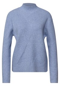 Pull en maille côtelée bleu clair avec un col montant et un motif texturé diagonal. Manches longues, silhouette ajustée et texture douce.