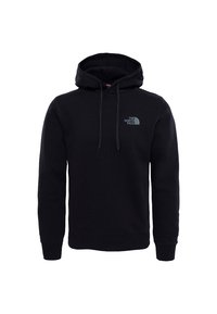 Schwarzer Kapuzenpullover aus Fleece, mit einer Fronttasche, gerippten Bündchen und einem kleinen grauen Logo auf der linken Brust.