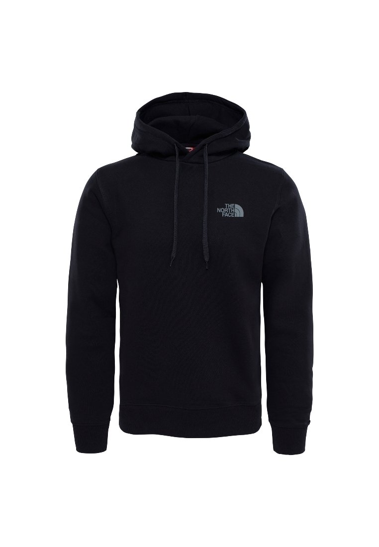 Schwarzer Kapuzenpullover aus Fleece, mit einer Fronttasche, gerippten Bündchen und einem kleinen grauen Logo auf der linken Brust.