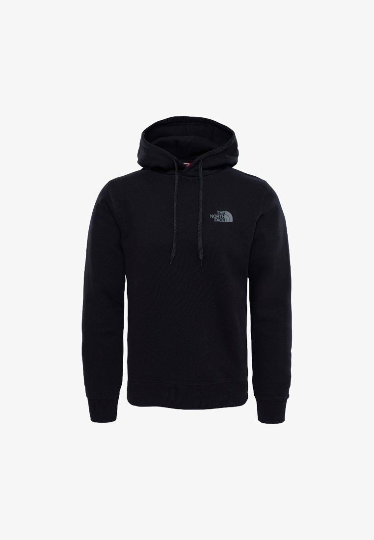 Schwarzer Kapuzenpullover aus Fleece, mit einer Fronttasche, gerippten Bündchen und einem kleinen grauen Logo auf der linken Brust.