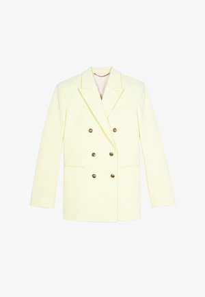 Blazer doppiopetto in tessuto giallo pastello, con rever a punta, due tasche frontali e bottoni dorati. Design strutturato e fluido.