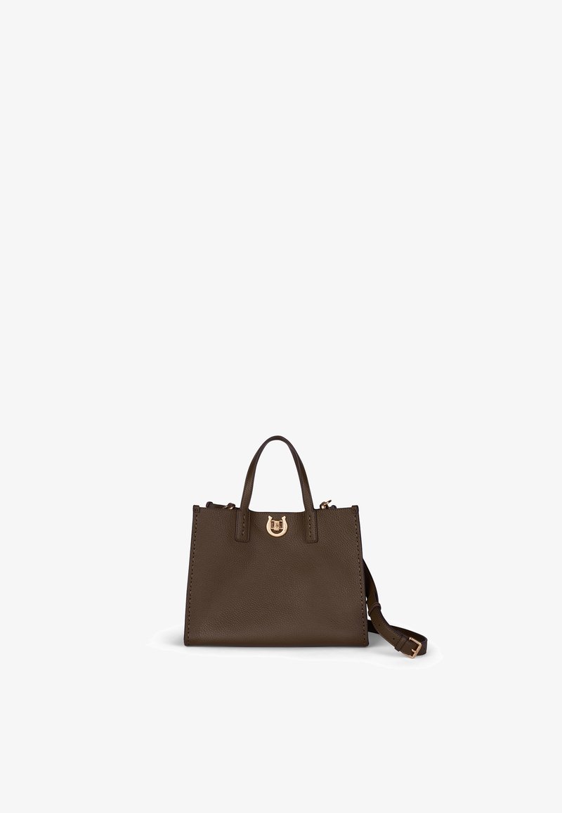 Ruske nahkakott, millel on struktureeritud disain, kahe ülemise käepideme, reguleeritava rihma ja kuldset tooni sulgemisega.