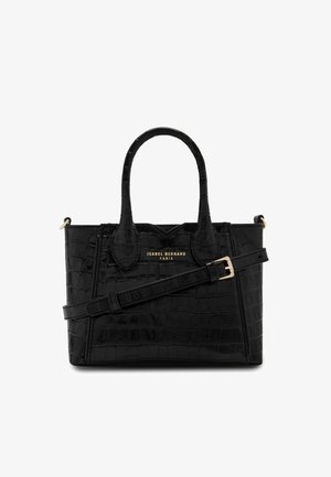 Sac à main en cuir noir embossé crocodile avec poignées doubles, bandoulière amovible, quincaillerie dorée et logo de marque à l'avant.