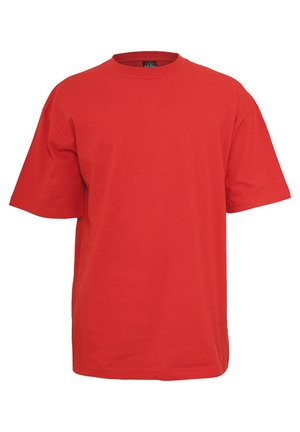 Rotes Baumwoll-T-Shirt mit kurzen Ärmeln, Rundhalsausschnitt und lockerer Passform. Hat eine einfarbige Optik ohne Muster oder Akzente.