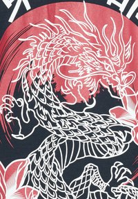 Dragon blanc détaillé avec des écailles et des griffes enroulé à l'intérieur d'un cercle rouge sur un fond noir.