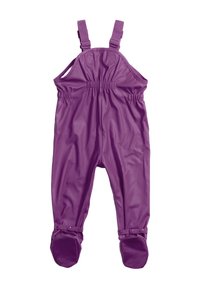 Lila wasserdichte Latzhose aus glattem Material, mit verstellbaren Trägern, elastischem Bund und geschlossenen Fußteilen mit Druckknöpfen.