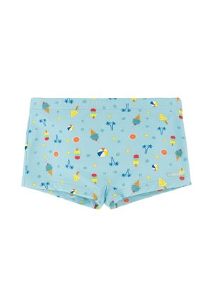 Bañador corto de color azul claro con estampados coloridos de conos de helado, polos, pelotas de playa, palmeras y rodajas de naranja.