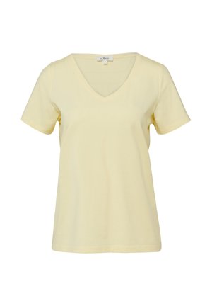 T-shirt jaune clair à manches courtes avec col en V, design uni, tissu doux, coupe standard, étiquette de col visible.