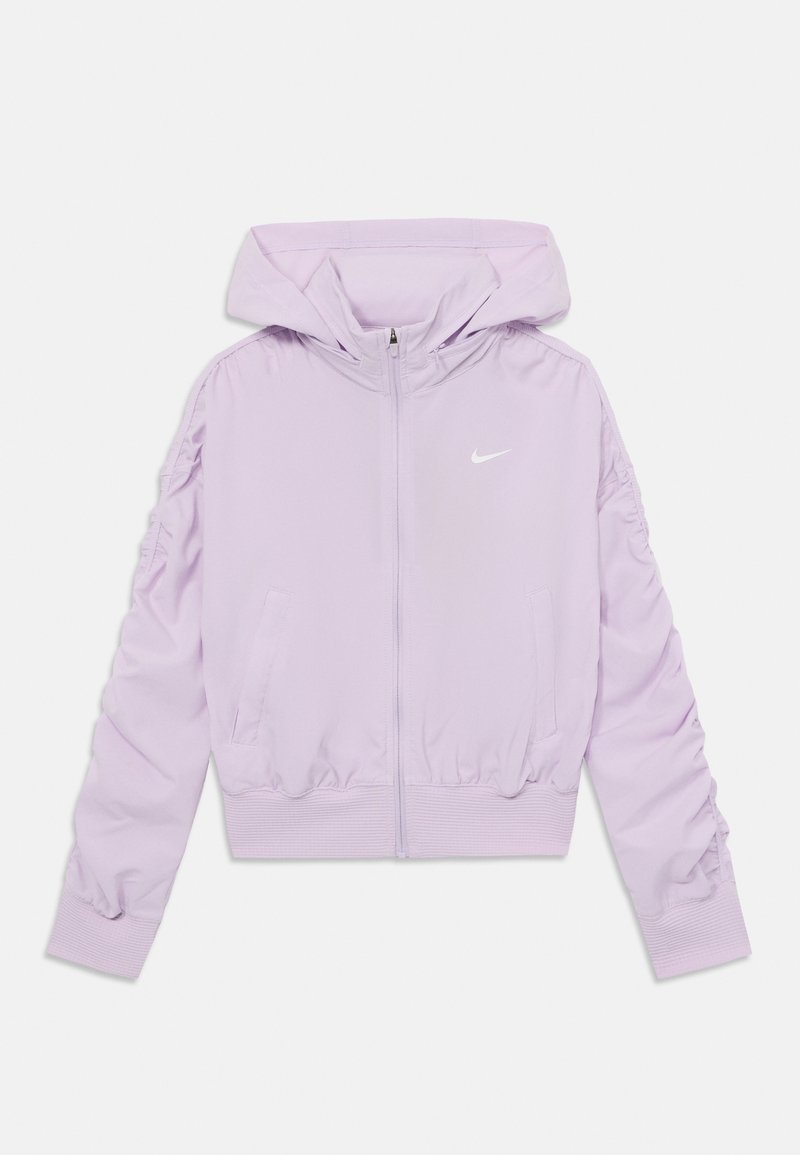Sudadera con cremallera de Nike en color lavanda, con capucha, detalles en las mangas con frunces, dos bolsillos laterales y dobladillo y puños elásticos.