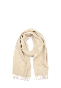 Beige sjaal met een zachte textuur, voorzien van franjes aan de randen en een subtiel patroon. Gemaakt van lichtgewicht materiaal.