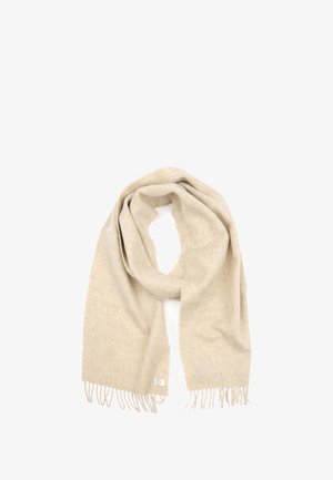 Beige sjaal met een zachte textuur, voorzien van franjes aan de randen en een subtiel patroon. Gemaakt van lichtgewicht materiaal.