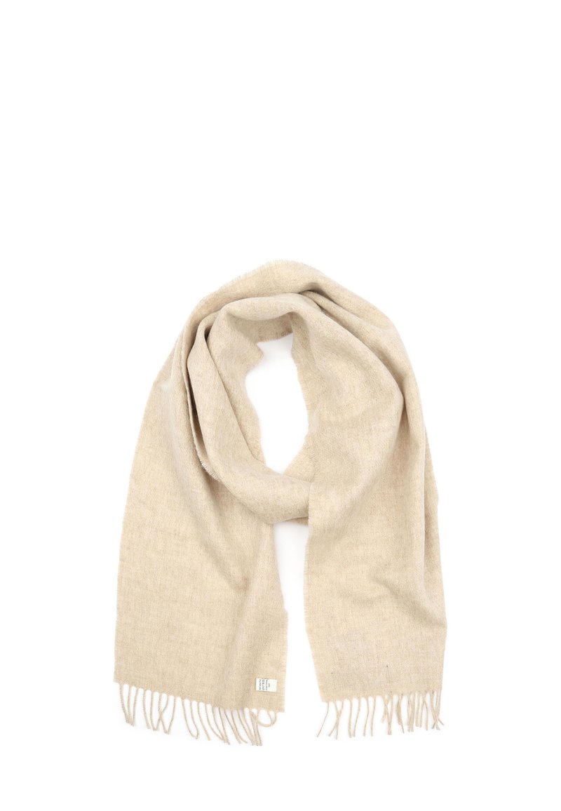 Beige sjaal met een zachte textuur, voorzien van franjes aan de randen en een subtiel patroon. Gemaakt van lichtgewicht materiaal.