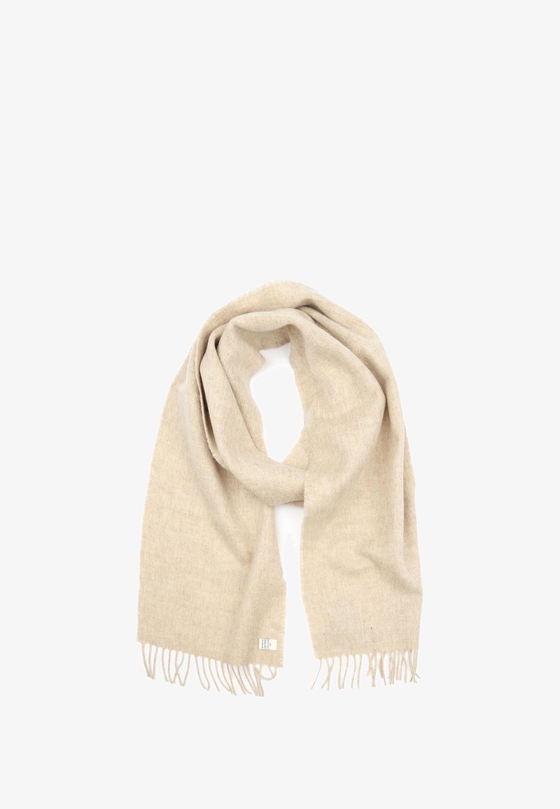 Beige sjaal met een zachte textuur, voorzien van franjes aan de randen en een subtiel patroon. Gemaakt van lichtgewicht materiaal.