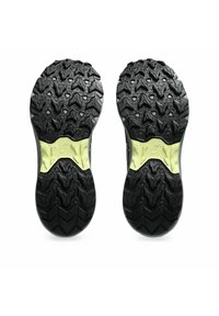 Semelle extérieure en caoutchouc noir avec des motifs de traction profonds et un accent jaune au centre. Présente un design texturé pour l'adhérence et la durabilité.