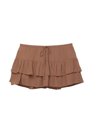 Fustă mini cu multiple straturi, de culoare maro, realizată dintr-un material textil ușor și texturat. Dispune de un tiv elastic cu șnur pentru o ajustare confortabilă.