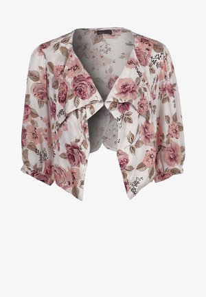 Blumige, kurze Jacke aus einem leichten Stoff mit einem weißen Grund, der mit rosa und beige Rosen verziert ist. Sie hat einen breiten Kragen und kurze Ärmel.