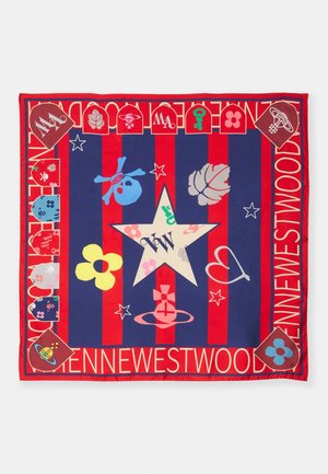 Écharpe rayée rouge et bleue avec une grande étoile centrale, divers symboles colorés et texte "Vivienne Westwood" autour des bords.