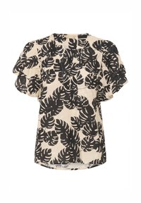 Blusa a maniche corte realizzata in tessuto leggero, con sfondo beige e motivi a foglia nera, e maniche a sbuffo.