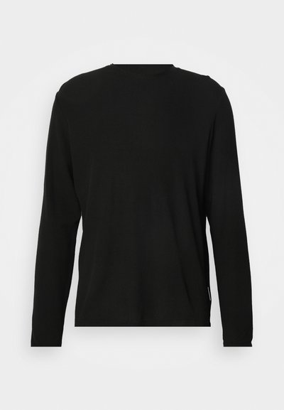 Schwarzes Langarm-T-Shirt mit Rundhalsausschnitt, aus glattem Material gefertigt, mit einem lässigen Schnitt und seitlichen Schlitzen am Saum.