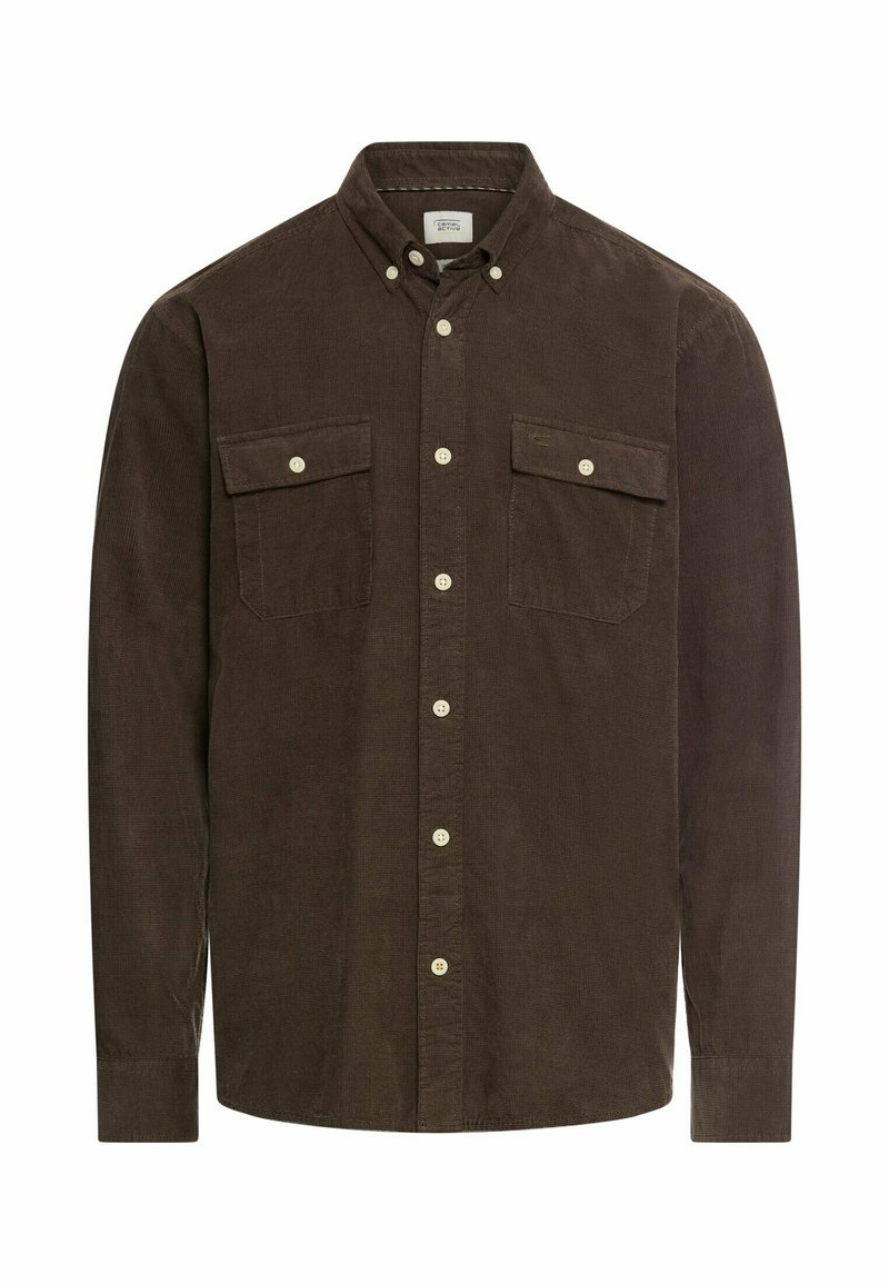 Bruine corduroy overhemd met een knoopsluiting kraag, twee borstzakken en witte knopen. Lange mouwen met knoopmanchetten.