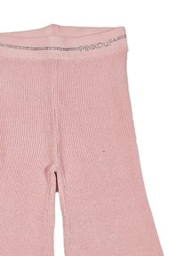 Pantaloni a coste rosa morbido con gambe svasate e una cintura decorata con sottili dettagli in argento.