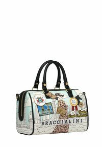Braccialini handtas met een meerkleurig ontwerp met stadsgezichten en karakterillustraties, zwarte leren handvatten en verschillende patches.