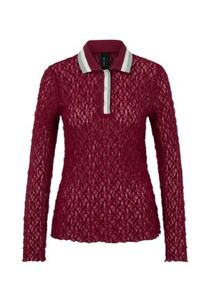 Long-sleeve burgundy lace polo shirt with white striped collar and button placket, semi-transparent textured fabric.