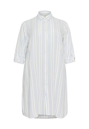 Knopfkleid aus leichtem Stoff mit vertikalen blau-weißen Streifen, langen Ärmeln, die an den Bündchen hochgerollt sind, und einem abgerundeten Saum.