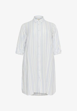 Vestido de botones en tejido ligero, con rayas verticales azules y blancas, mangas largas arremangadas en los puños y un dobladillo curvado.