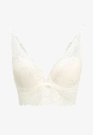 Kanten bralette in zacht crème met bloemenpatronen, voorzien van een naadloos ontwerp, verstelbare bandjes en geschulpte randen voor een verfijnde afwerking.