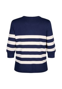 Marineblauw en crème gestreepte gebreide trui met driekwart mouwen, ronde hals en geribde manchetten. Zachte textuur, casual pasvorm.
