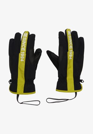 Schwarze Handschuhe mit einem leuchtend gelben Streifen und dem Text "SINCE 1994", elastischen Bündchen und texturierten Griffakzenten auf den Handflächen.