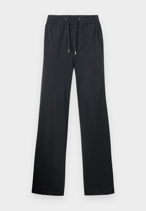 Schwarze weite Hose aus weichem Stoff. Sie verfügt über einen elastischen Bund mit Kordelzug und einem dezenten Glanz. Keine sichtbaren Muster oder Akzente.