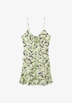 Minivestido fruncido verde claro con patrón abstracto de tie-dye negro y tirantes finos ajustables.