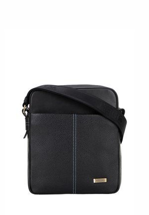 Borsa a tracolla nera in pelle con superficie testurizzata, dettaglio di cucitura blu e tracolla nera rimovibile. Presenta una piccola placca con logo dorato.