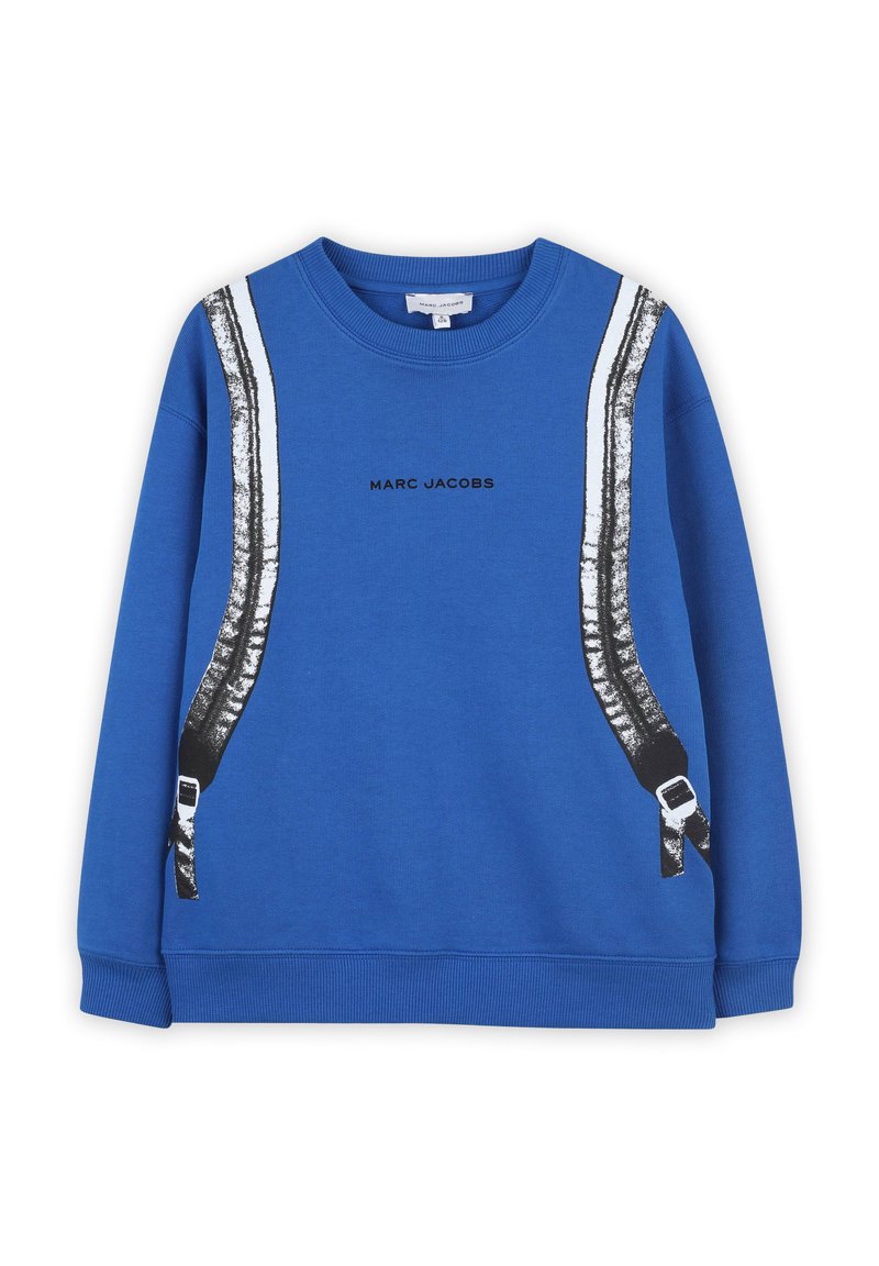 Felpa blu con grafiche a strisce in bianco e nero su entrambi i lati, con "MARC JACOBS" stampato in nero sul davanti.