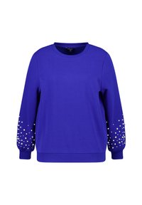Levendig blauwe sweatshirt met lange mouwen, voorzien van een ronde halslijn en decoratieve witte parelaccenten op de mouwen. Zachte stoftextuur.