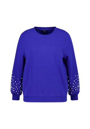 Levendig blauwe sweatshirt met lange mouwen, voorzien van een ronde halslijn en decoratieve witte parelaccenten op de mouwen. Zachte stoftextuur.
