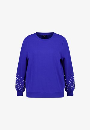 Levendig blauwe sweatshirt met lange mouwen, voorzien van een ronde halslijn en decoratieve witte parelaccenten op de mouwen. Zachte stoftextuur.