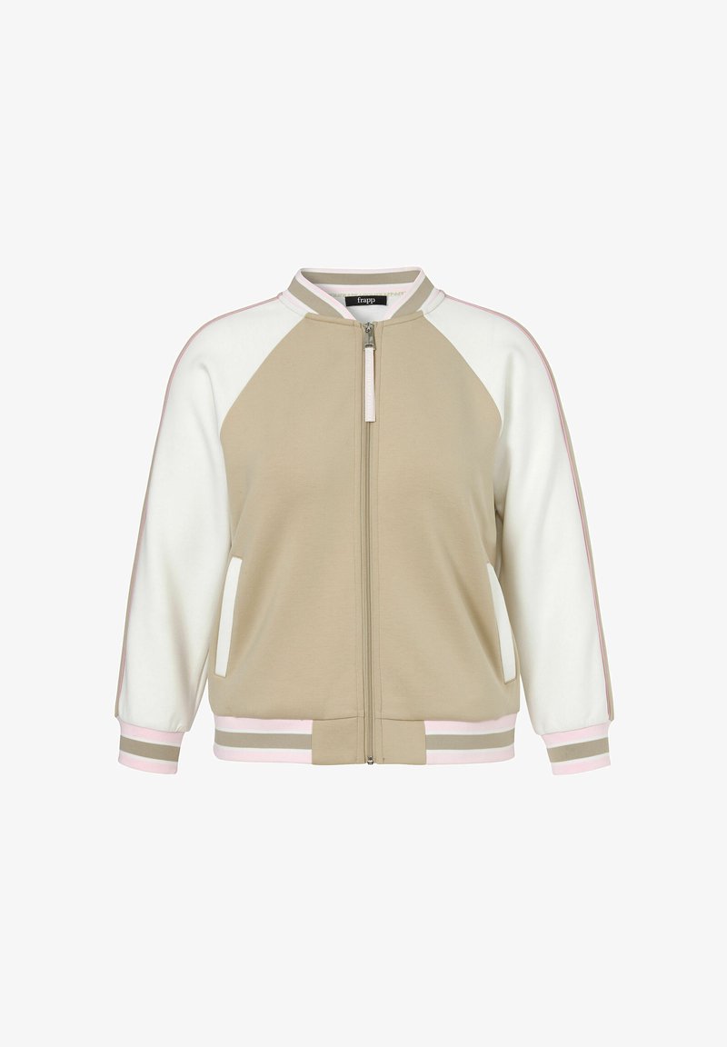 Khaki en witte bomberjack met rits en roze accenten, voorzien van raglanmouwen, voorzakken en gestreepte gebreide manchetten en onderzoom.