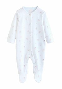 Hvid heldragt til baby med lange ærmer, dekoreret med lyserøde fe- og blomsterprints, knapper foran og lukkede fødder.