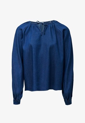 Dunkelblaue Langarmbluse mit gerafftem Ausschnitt und kleinem Bindeschluss vorne, mit elastischen Bündchen.