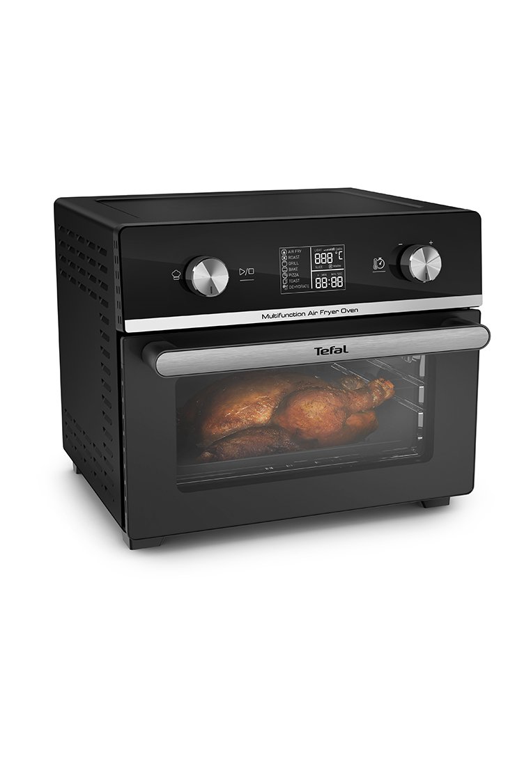Multifunctionele heteluchtfriteuse oven in zwart met roestvrijstalen accenten, digitaal display, twee knoppen en een grote glazen deur die het gekookte voedsel binnenin toont.