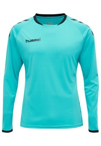 Langarm-Sportshirt in Türkis mit schwarzen Akzenten am Kragen und den Schultern; verfügt über strukturierte Muster an den Ärmeln.